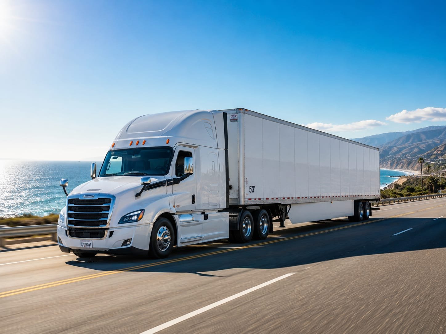 White semi-truck hauling a trailer along a coastal highway