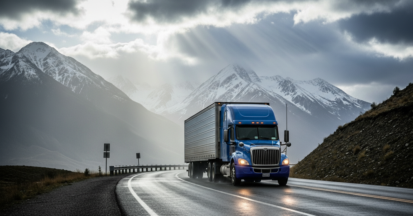 Blue freight truck traveling through a mountain pass