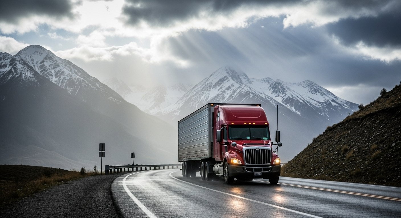 Red freight truck traveling on a wet mountain highway