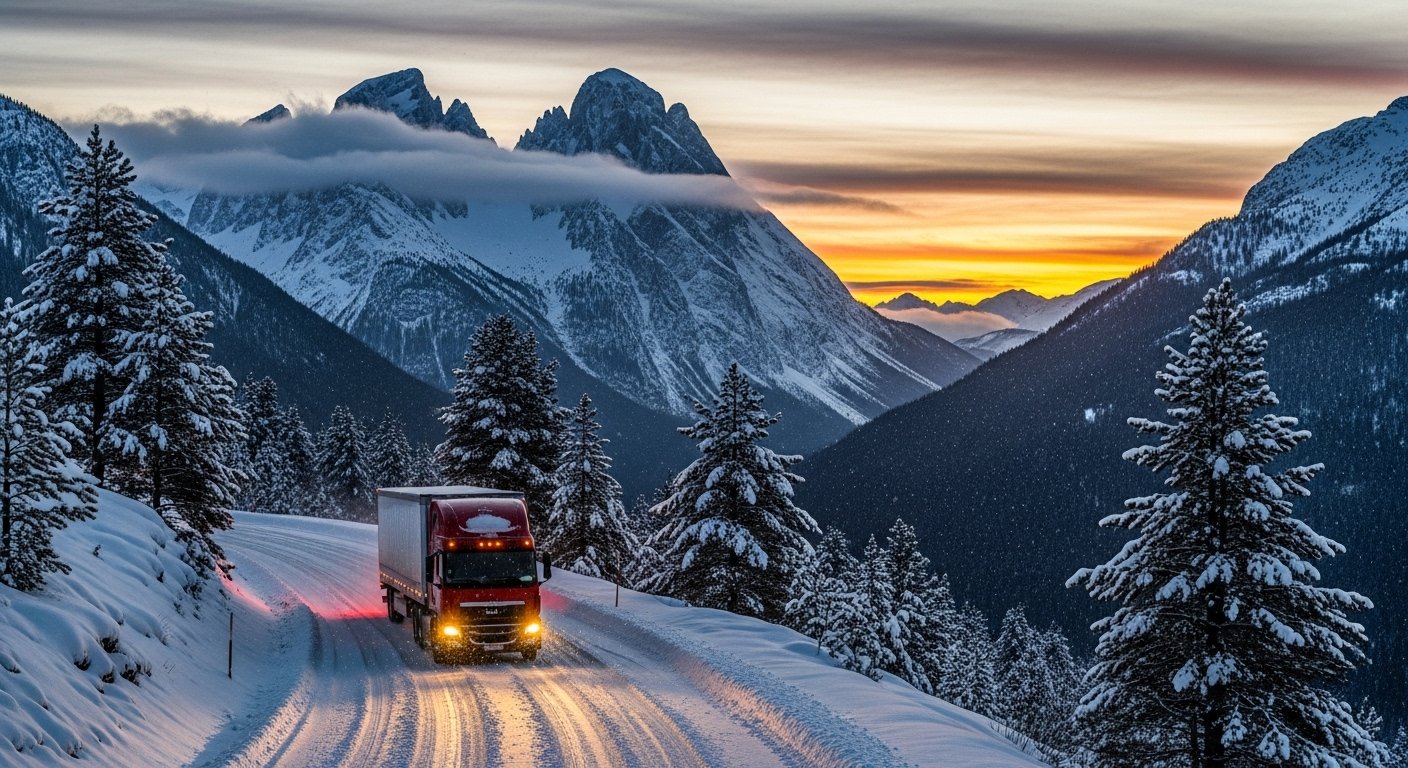 Freight truck driving through a snowy mountain pass at sunset