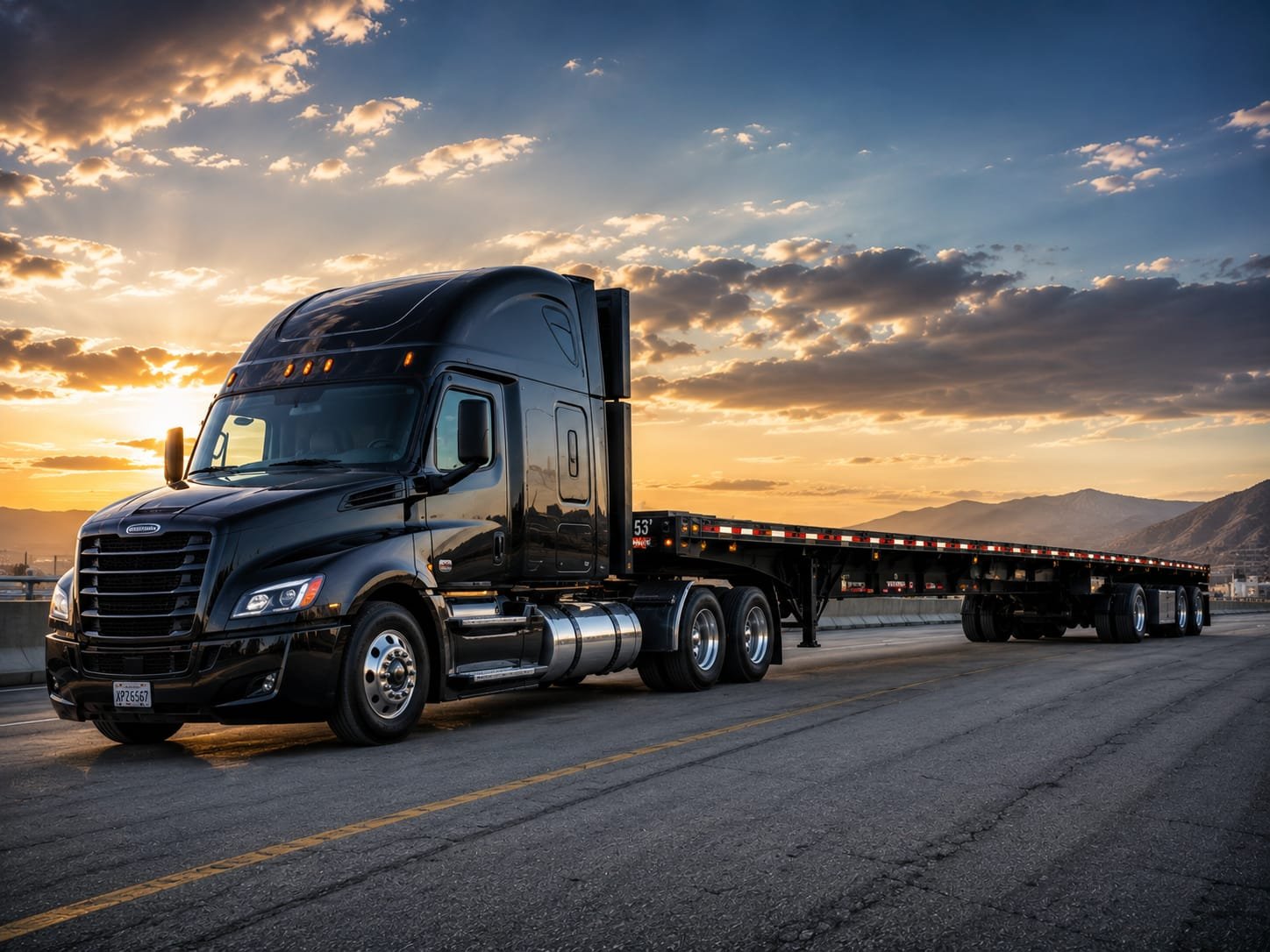 Black flatbed semi-truck parked beneath a sunset sky